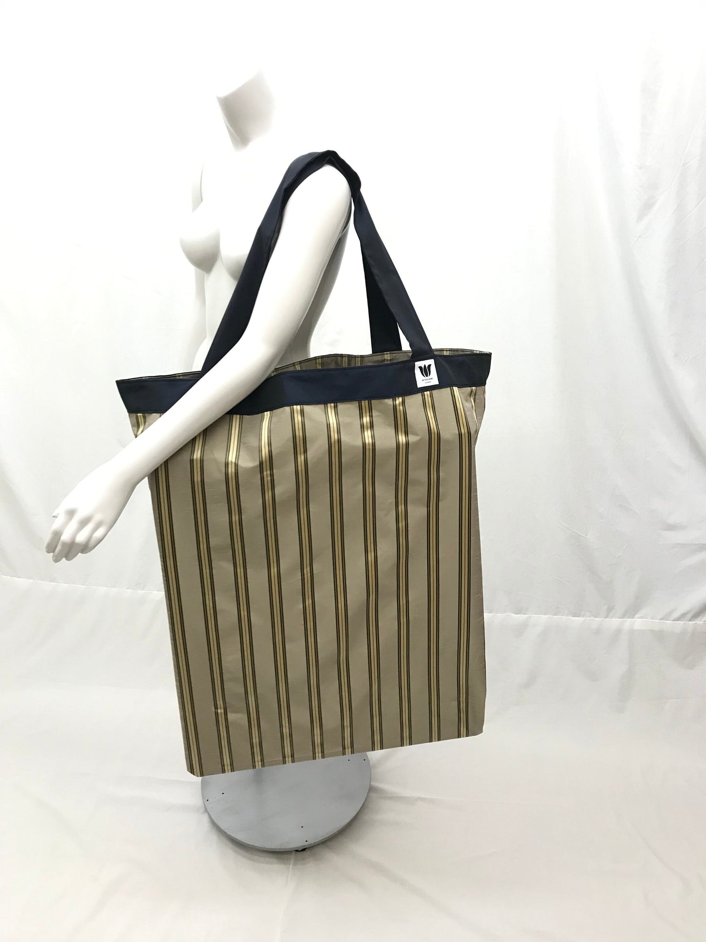 Extra Large Yoga Tote Bag in Light brown and gold stripe fabric to carry and or store yoga props for yoga practice. Made in Canada by My Yoga Room Elements