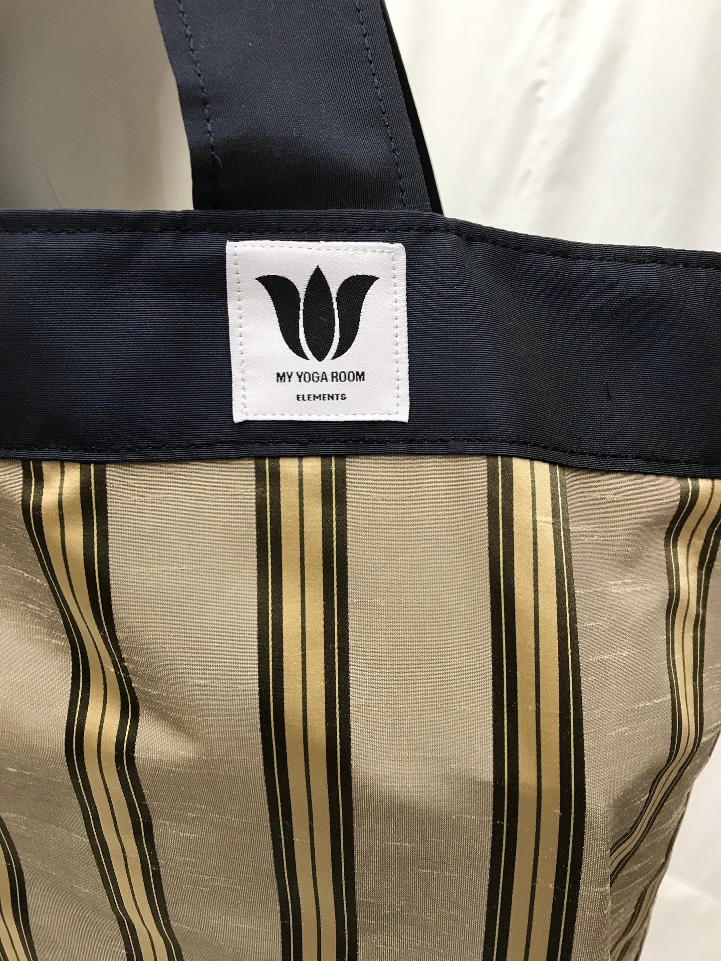 Extra Large Yoga Tote Bag in Light brown and gold stripe fabric to carry and or store yoga props for yoga practice. Made in Canada by My Yoga Room Elements