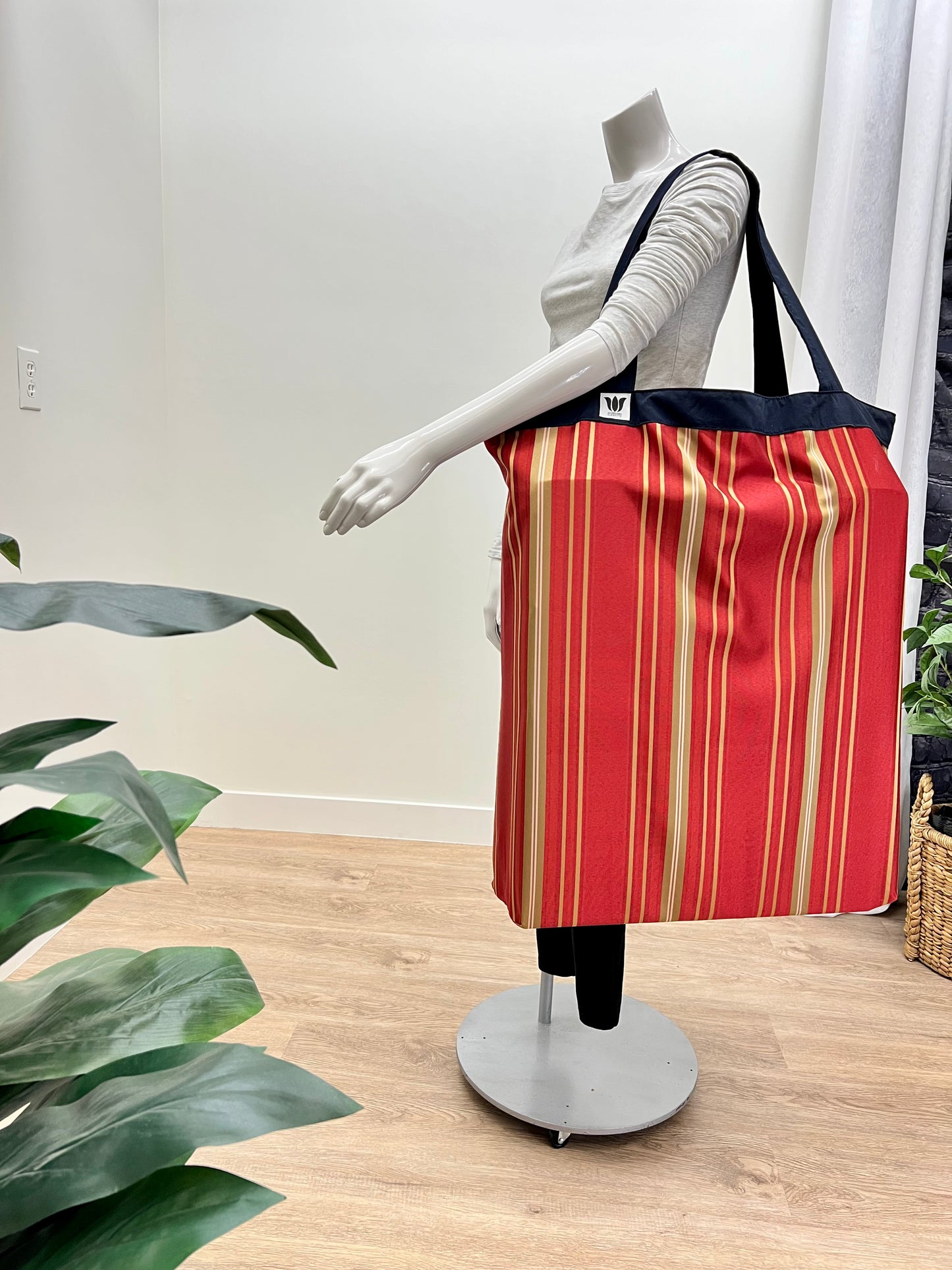 Extra large yoga mat bag to carry all your additional support props. red gold stripe print. Made in Canada by My Yoga Room Elements