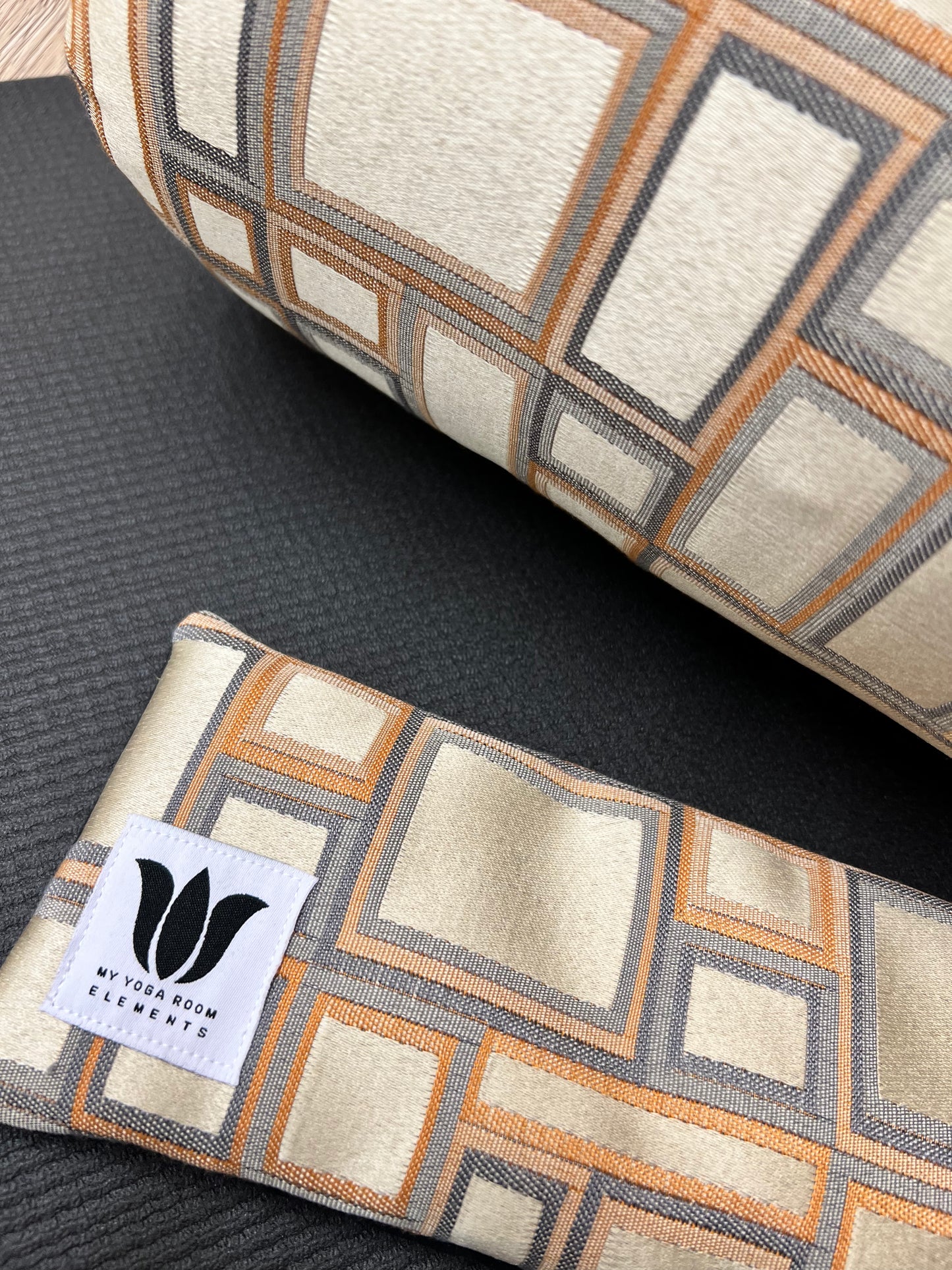 Yoga Bolster & Eye Pillow Set Gold and Grey Block Print Handcrafted in Canada by My Yoga Room Elements