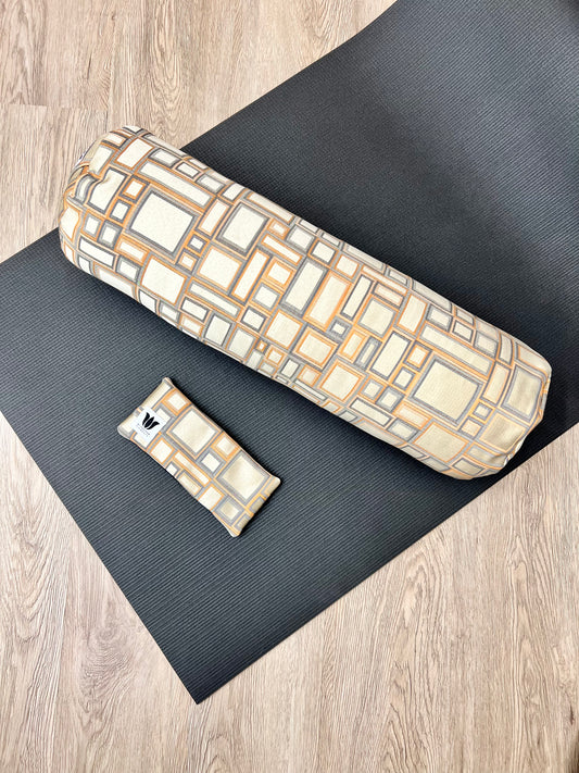 Yoga Bolster & Eye Pillow Set Gold and Grey Block Print Handcrafted in Canada by My Yoga Room Elements
