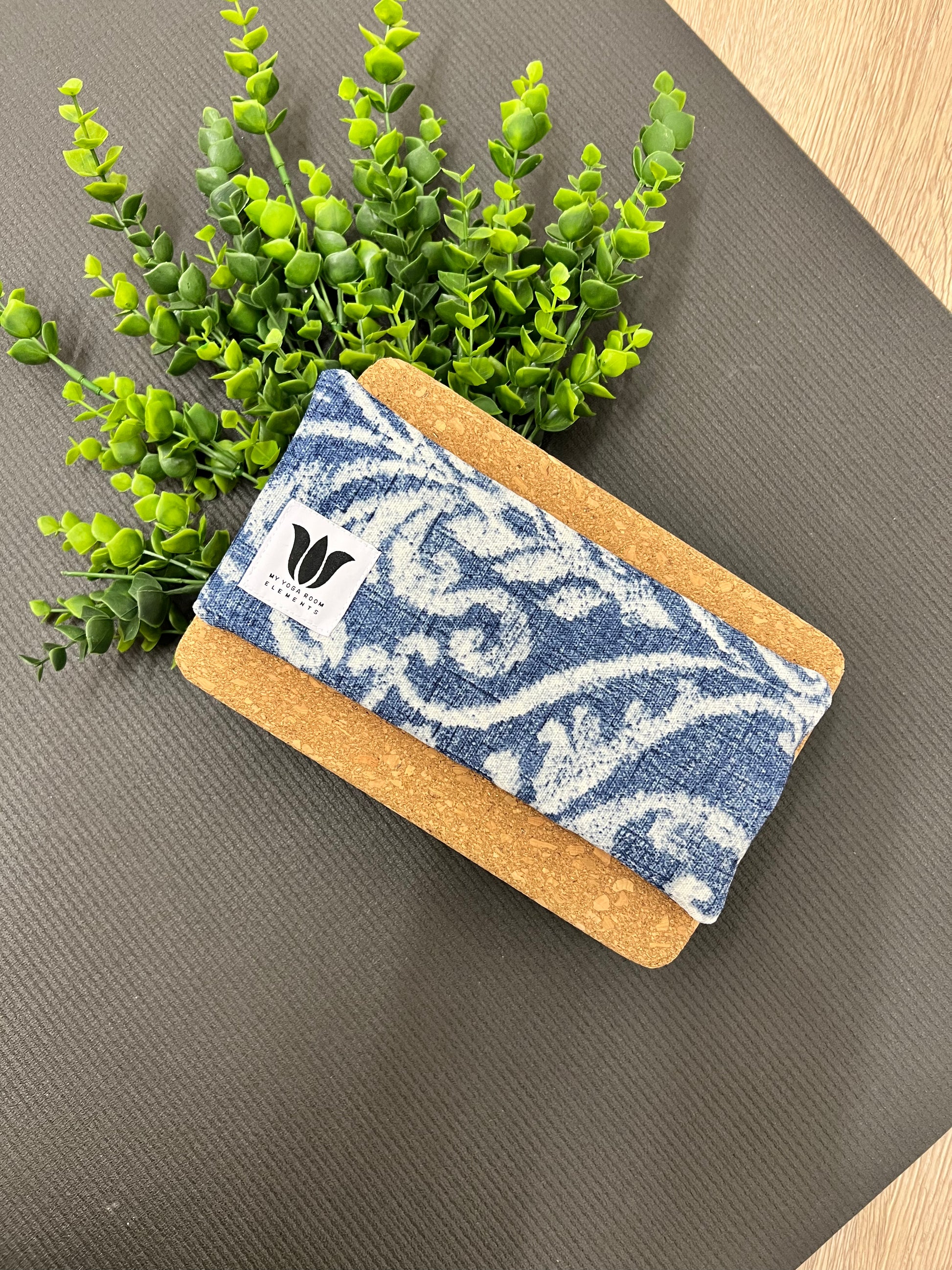 Luxury Eye Pillow in white and blue print fabric with satin backing for yoga and meditation. Made in Canada by My Yoga Room Elements