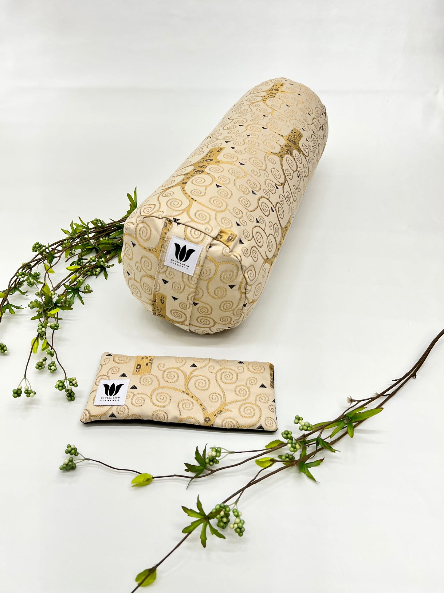 Yoga Bolster and Eye Pillow Set in Gold Swirl Modern Print Handcrafted in Canada by My Yoga Room Elements