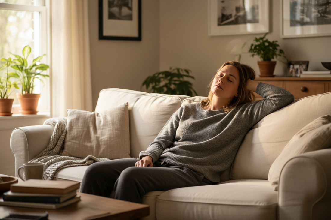 Exhaused woman sitting on a couch