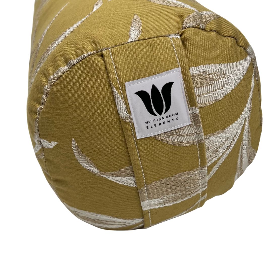 Yoga Bolster | Yellow Embroidery Leaf Print | Cotton Linen Decor Fabric | Home Yoga Practice Prop | Round Yoga Bolster | Allergy Sensitive
