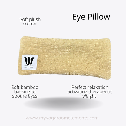 Yellow eye pillow with text describing its features on a white background