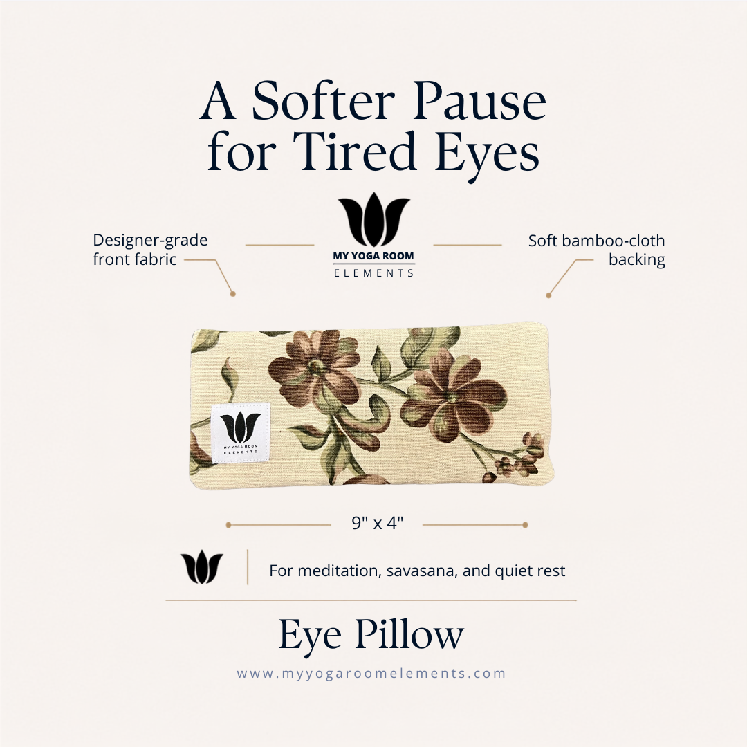 Eye pillow with floral design on a white background, featuring text about its features and uses.
