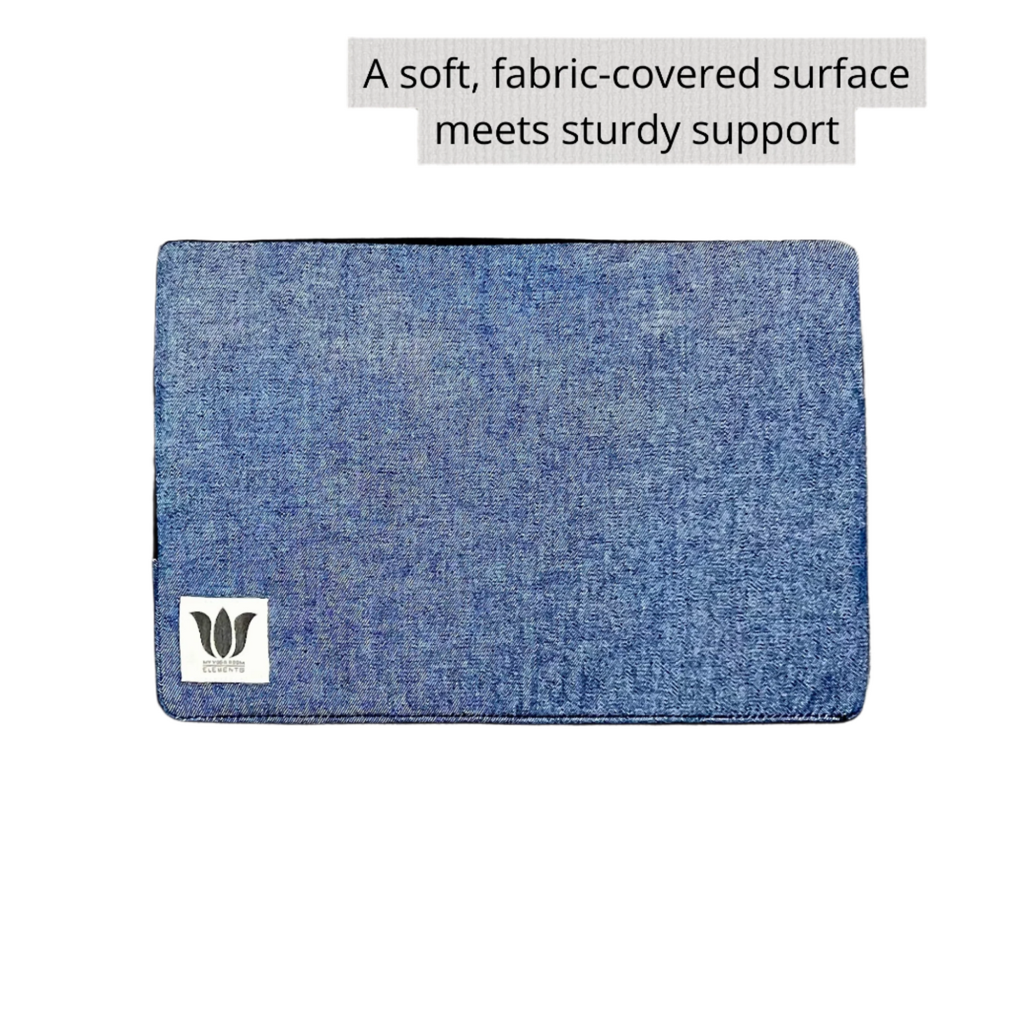 Blue fabric-covered surface with a logo on a gray background