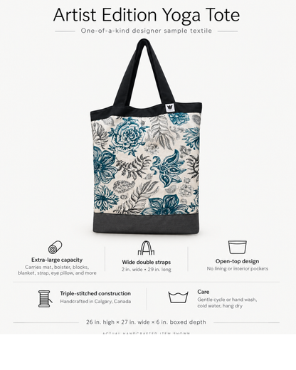 Artist Edition Yoga Tote fabric tote bag with a botanical pattern, shown on a light gray background with product specifications and features listed below.