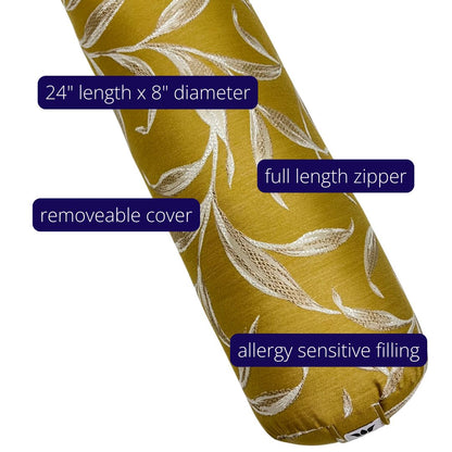Yoga Bolster | Yellow Embroidery Leaf Print | Cotton Linen Decor Fabric | Home Yoga Practice Prop | Round Yoga Bolster | Allergy Sensitive