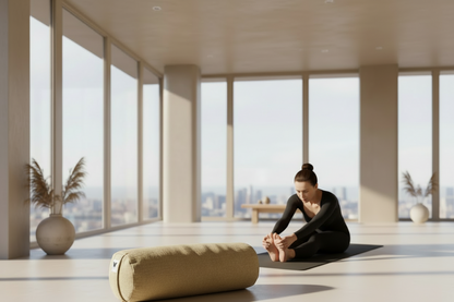 Beige yoga bolster with a brand logo on a white background