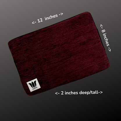 Dark purple block with dimensions indicated on a gray background