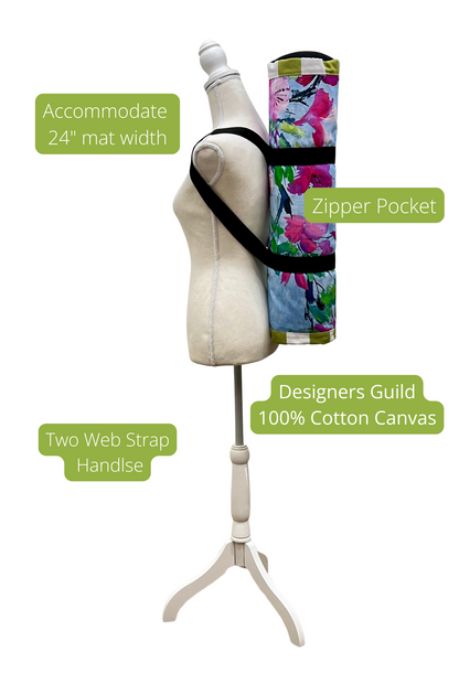 Mannequin with a colorful mat and text highlighting features on a white background