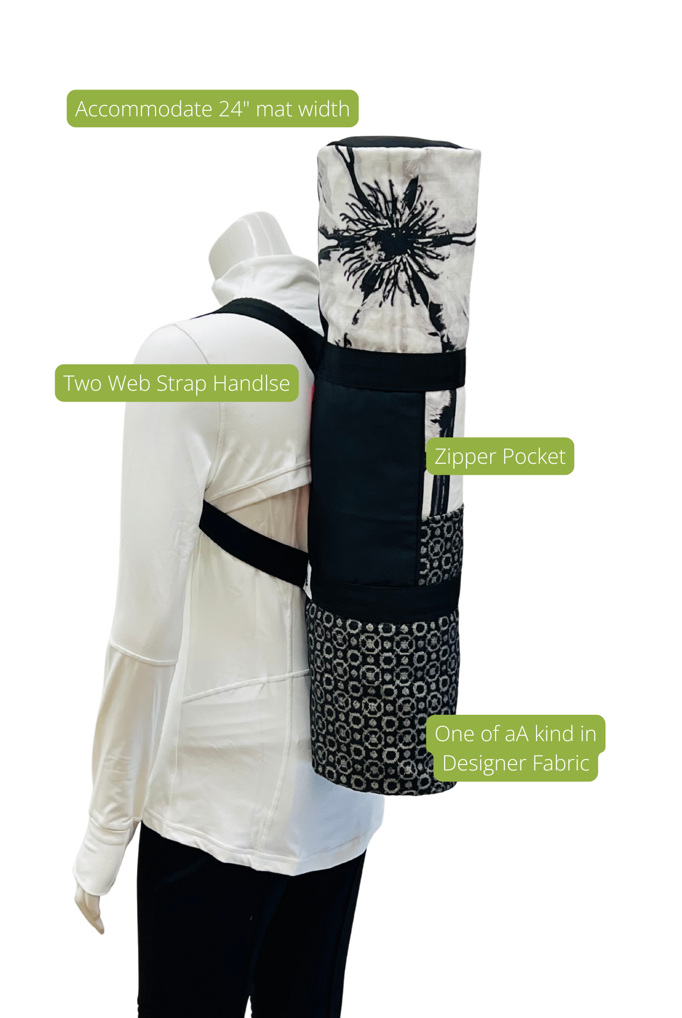 FILM NOIR One of A Kind Signature - Yoga Mat Bag, Side Zip Closure, Fully Lined, Zipper Pocket, Web Straps, Multi Wear Yoga Bag Carrier