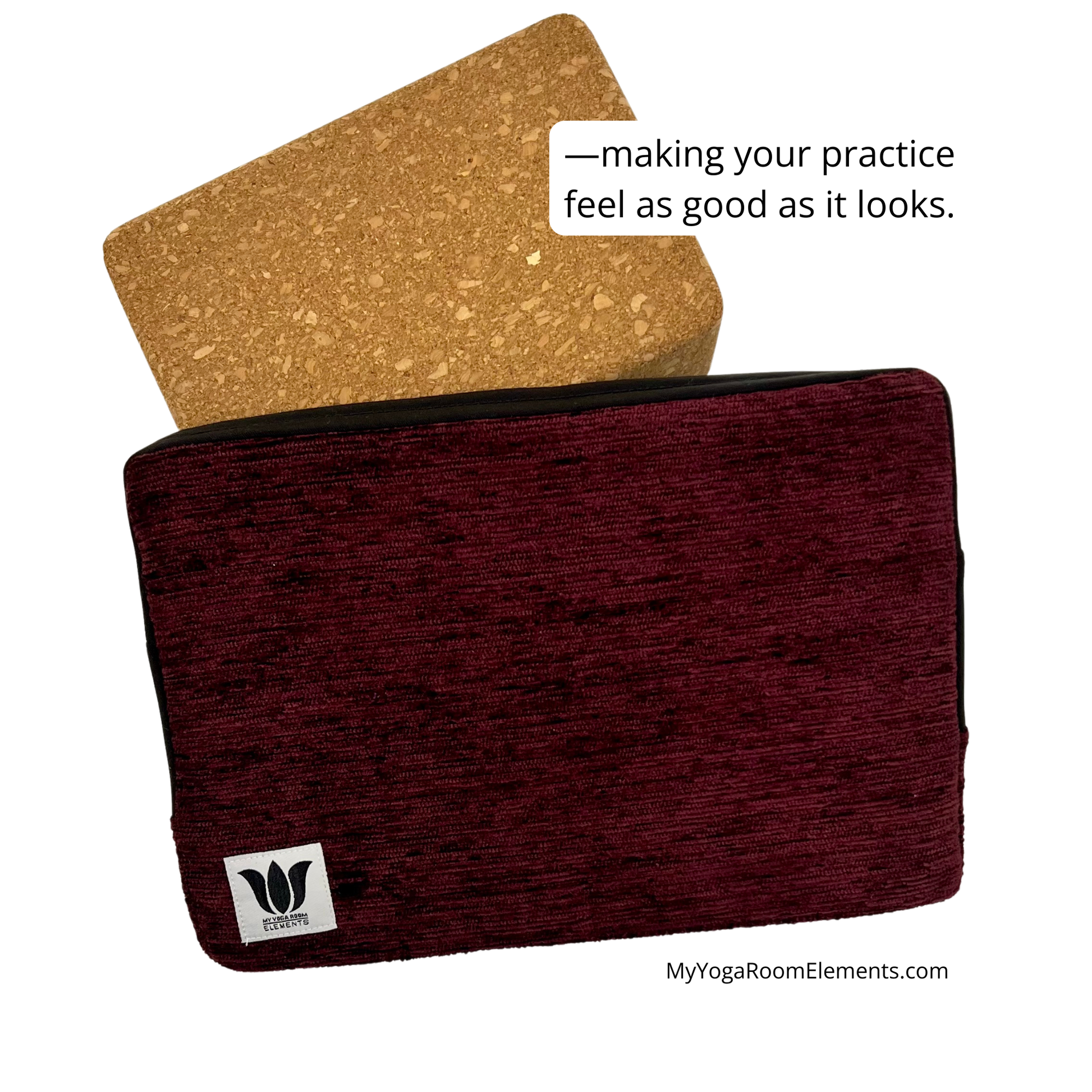 Purple yoga block with cork yoga mat on a white background