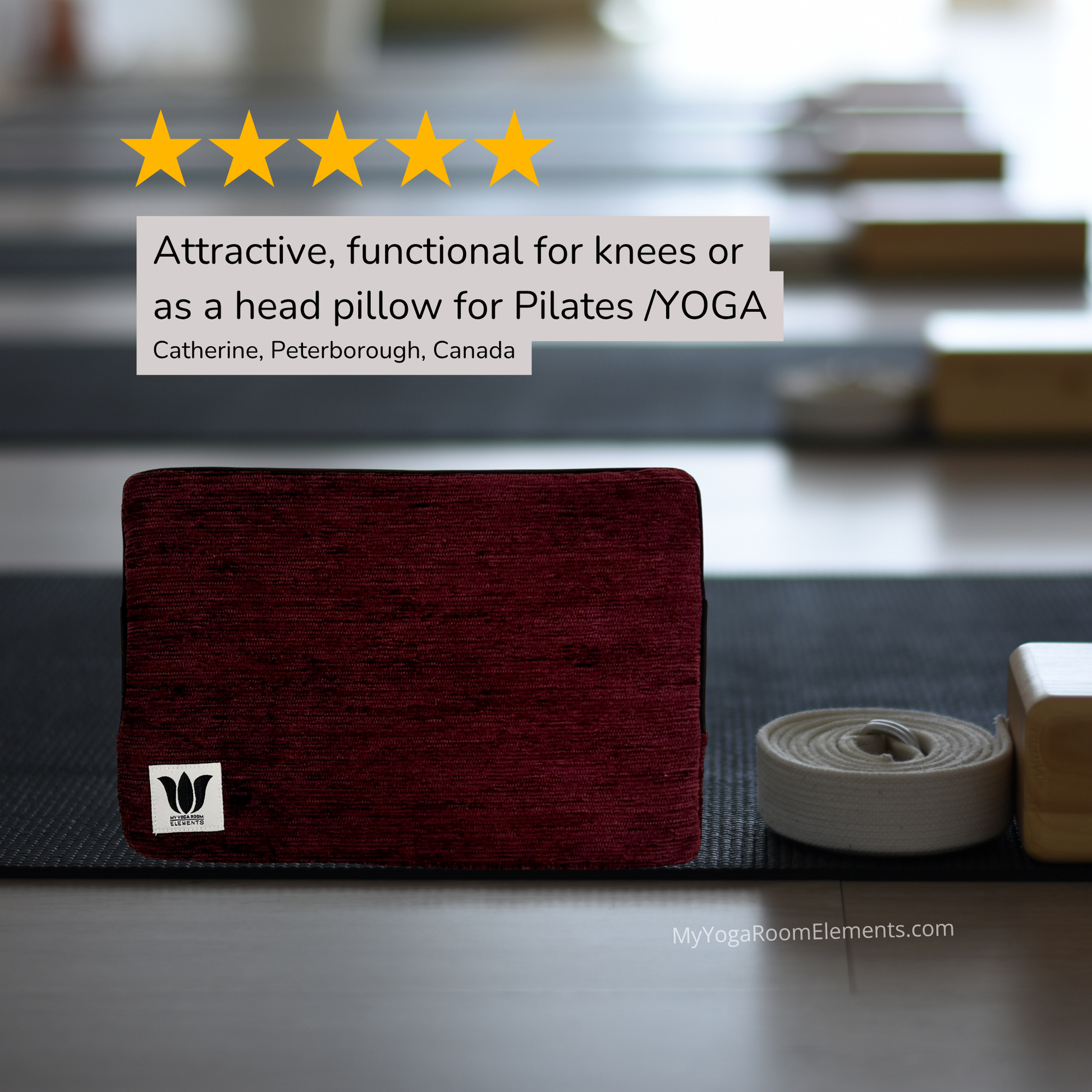 purple yoga block with a visible brand logo on a yoga mat rack, with text overlay about its use.