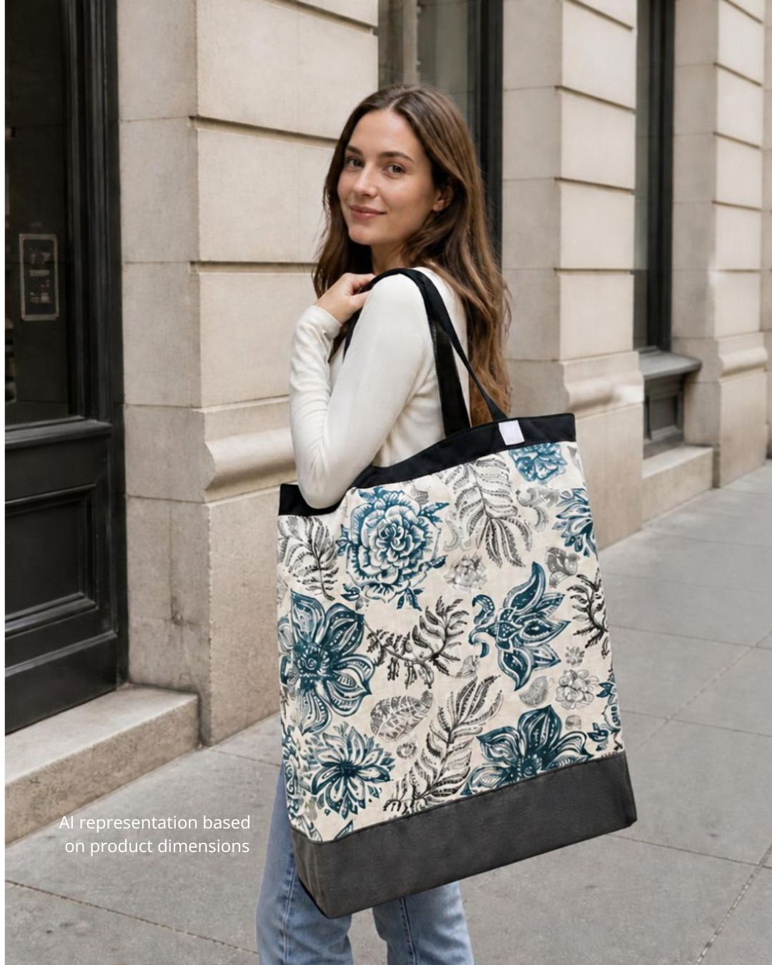 A woman carrying a large tote bag on her shoulder while standing on a city sidewalk beside a beige stone building. The tote bag has a cream background with a blue and gray floral print and dark gray handles and bottom panel.