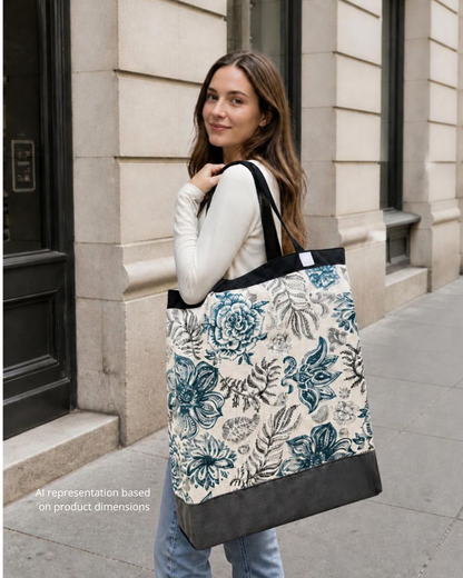 A woman carrying a large tote bag on her shoulder while standing on a city sidewalk beside a beige stone building. The tote bag has a cream background with a blue and gray floral print and dark gray handles and bottom panel.