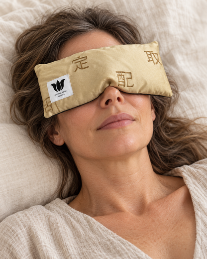 A woman lying down wearing a beige sleep mask with gold characters and a small white brand patch. The background consists of a soft, neutral-colored bed.