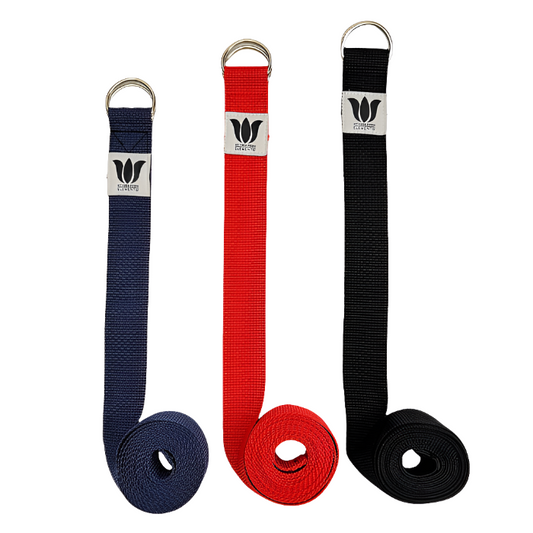 Yoga strap in 9 foot length with double d ring. Wide non slip webbing to stay put during poses and easier on the hands. Handcrafted by Yoga Room Elements