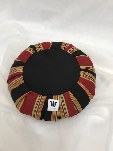 Handcrafted premium cotton canvas meditation seat cushion in red, black , gold varying width stripe. Align the spine and body in comfort to calm the monkey mind in your meditation practice. Handcrafted in Calgary, Alberta Canada