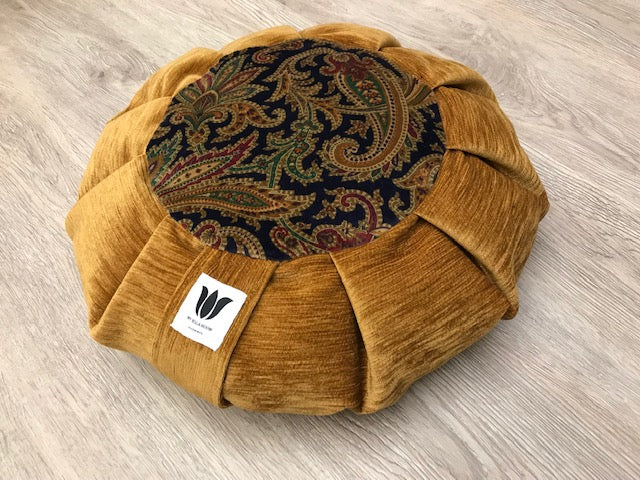Handcrafted premium plush fabric meditation seat cushion in warm gold and rich blue paisley print fabric. Align the spine and body in comfort to calm the monkey mind in your meditation practice. Handcrafted in Calgary, Alberta Canada