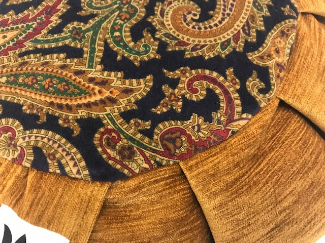 Handcrafted premium plush fabric meditation seat cushion in warm gold and rich blue paisley print fabric. Align the spine and body in comfort to calm the monkey mind in your meditation practice. Handcrafted in Calgary, Alberta Canada