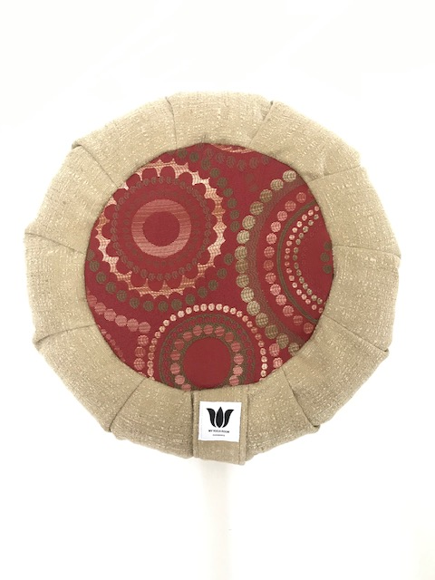 Handcrafted premium home decor fabric meditation seat cushion in plush cafe au lait and rich red, green gold pattern centerprint fabric. Align the spine and body in comfort to calm the monkey mind in your meditation practice. Handcrafted in Calgary, Alberta Canada