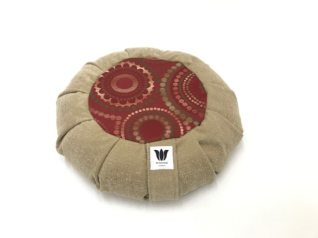Handcrafted premium home decor fabric meditation seat cushion in plush cafe au lait and rich red, green gold pattern centerprint fabric. Align the spine and body in comfort to calm the monkey mind in your meditation practice. Handcrafted in Calgary, Alberta Canada