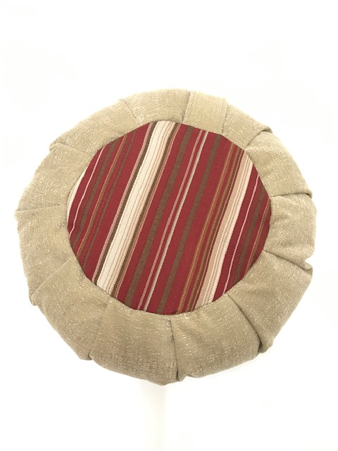 Handcrafted premium home decor fabric meditation seat cushion in plush cafe au lait and rich red, green gold pattern centerprint fabric. Align the spine and body in comfort to calm the monkey mind in your meditation practice. Handcrafted in Calgary, Alberta Canada