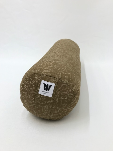 Round yoga bolster in brown subtle swirl print durable fabric. Allergy conscious fill with removeable cover. Made in Canada by My Yoga Room Elements