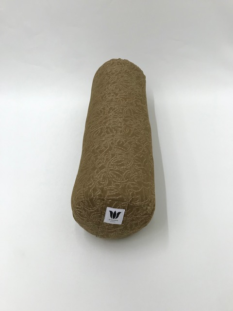 Round yoga bolster in brown subtle swirl print durable fabric. Allergy conscious fill with removeable cover. Made in Canada by My Yoga Room Elements