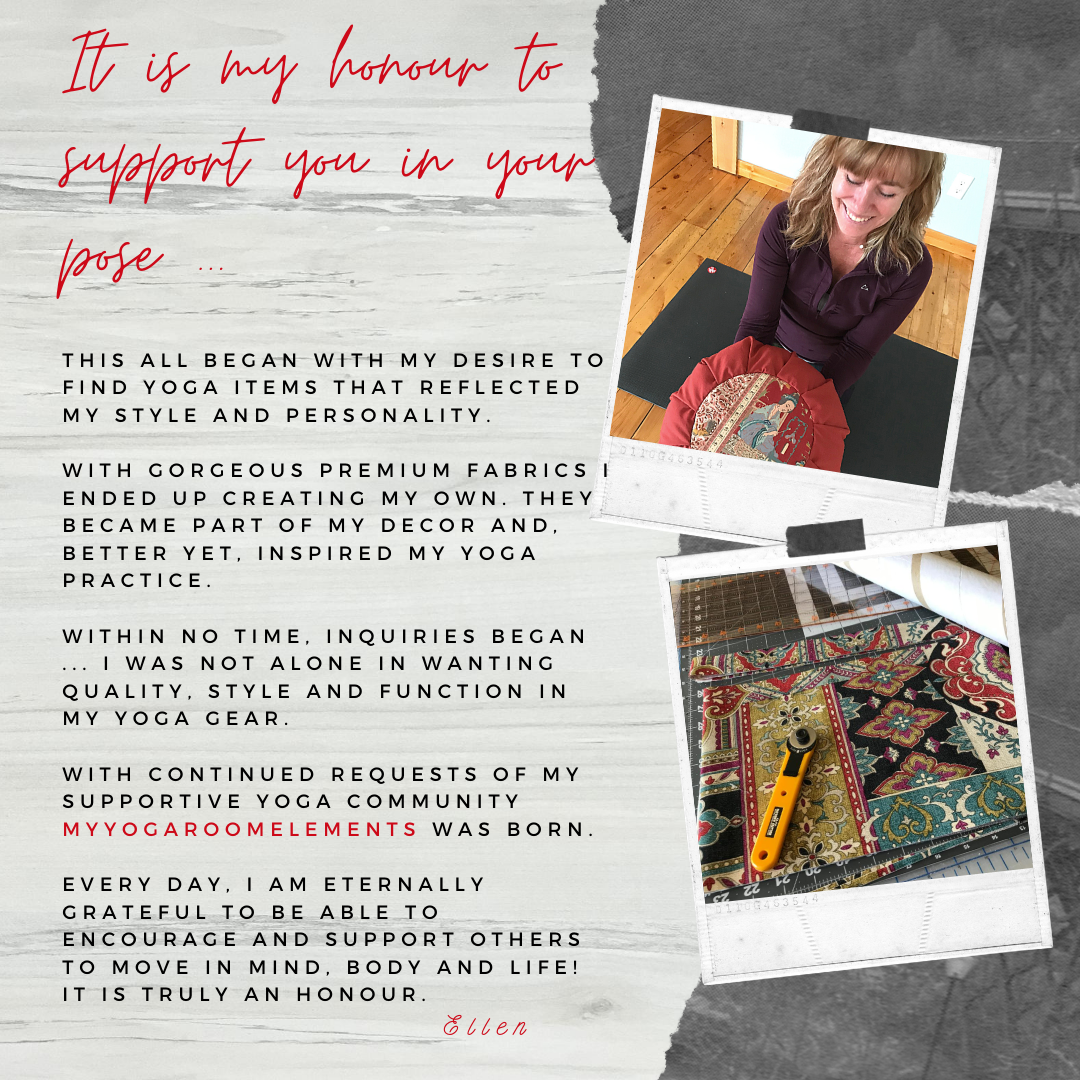 Ellen Wolfe, yoga teacher and founder of My Yoga Room Elements. Yoga Teacher supporting yoga practitioners, designer of yoga props, made in canada