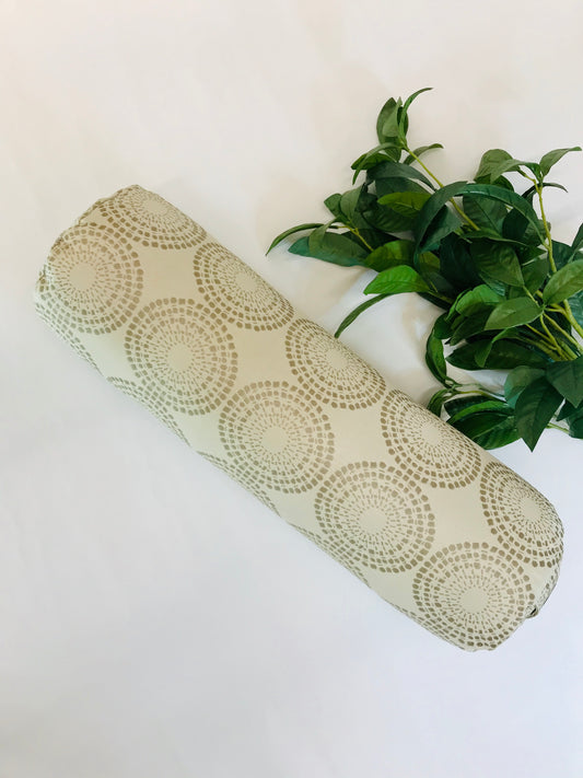 Round Yoga Bolster, Cream Colour with beige circles in modern print fabric. Made in Canada by My Yoga Room Elements