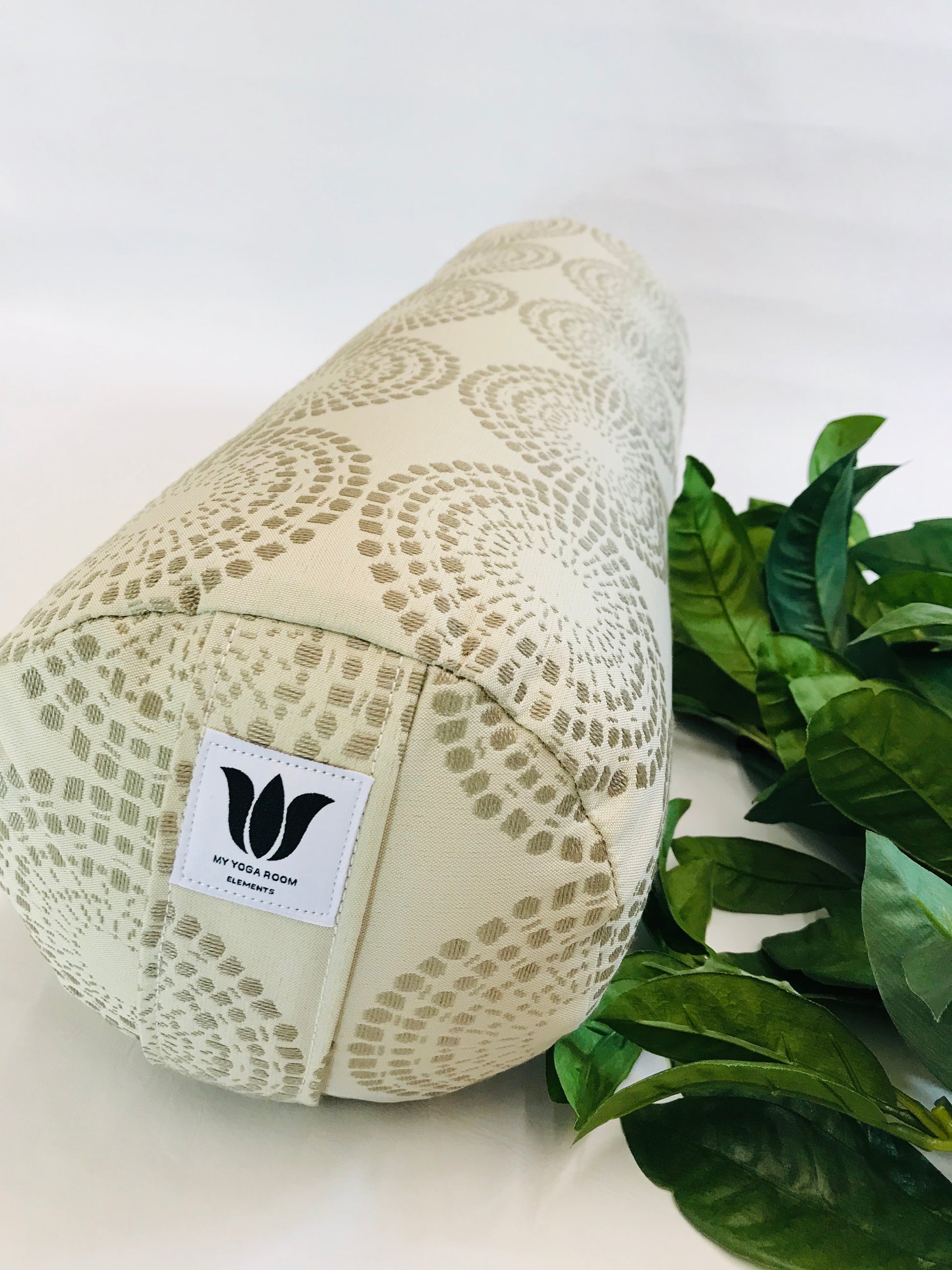 Canadian Made, Round yoga bolster in modern graphic cream and brown colours