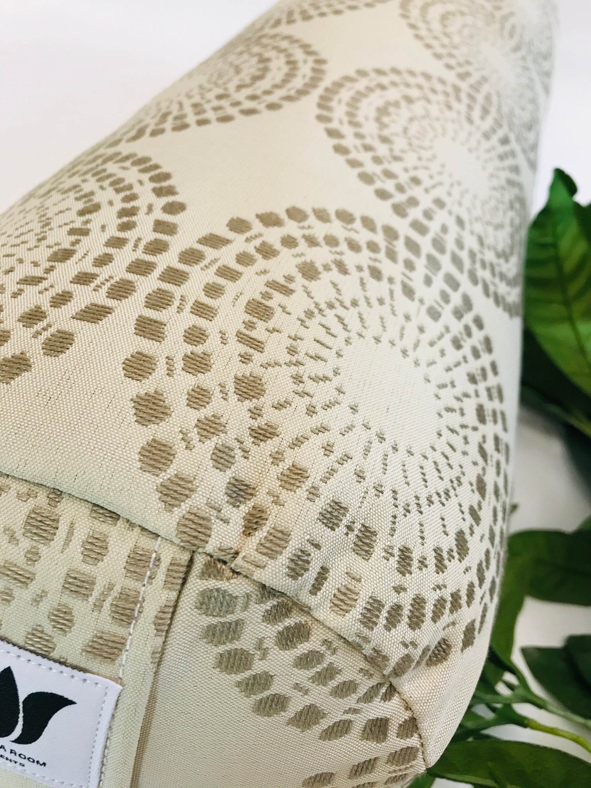 Modern graphic print round yoga bolster, yoga bolster is made in Canada, 