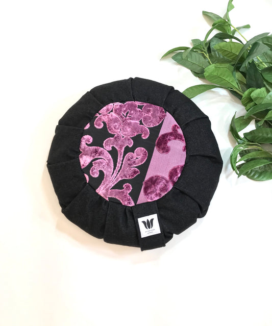 Handcrafted premium black denim and purple plush fabric meditation seat cushion. Align the spine and body in comfort to calm the monkey mind in your meditation practice. Handcrafted in Calgary, Alberta Canada