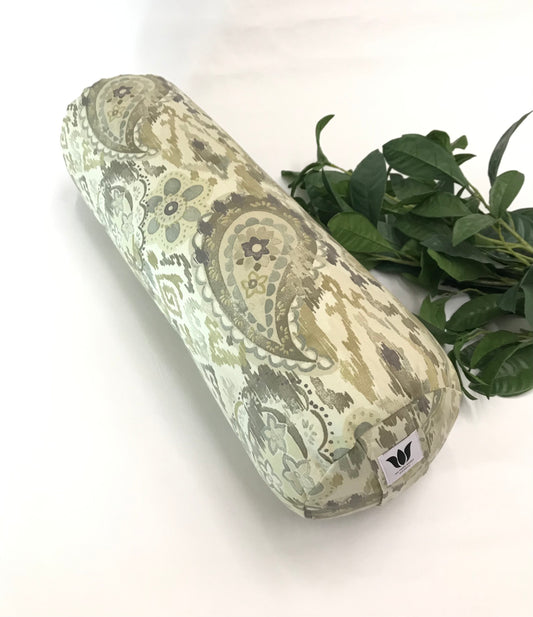 Round yoga bolster in cotton canvas fabric, paisley graphic in sage and beige fabric. Allergy conscious fill with removeable cover. Made in Canada by My Yoga Room Elements