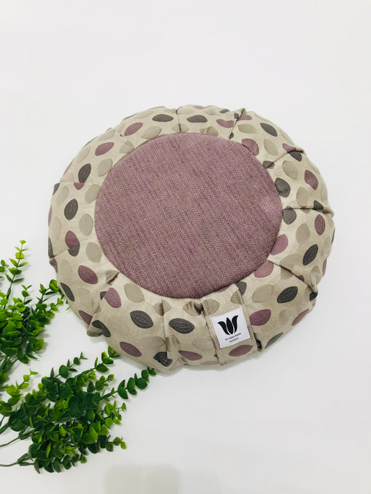 Signature Handcrafted premium home decor fabric meditation seat cushion in graphic print purple fabric. Align the spine and body in comfort to calm the monkey mind in your meditation practice. Handcrafted in Calgary, Alberta Canada