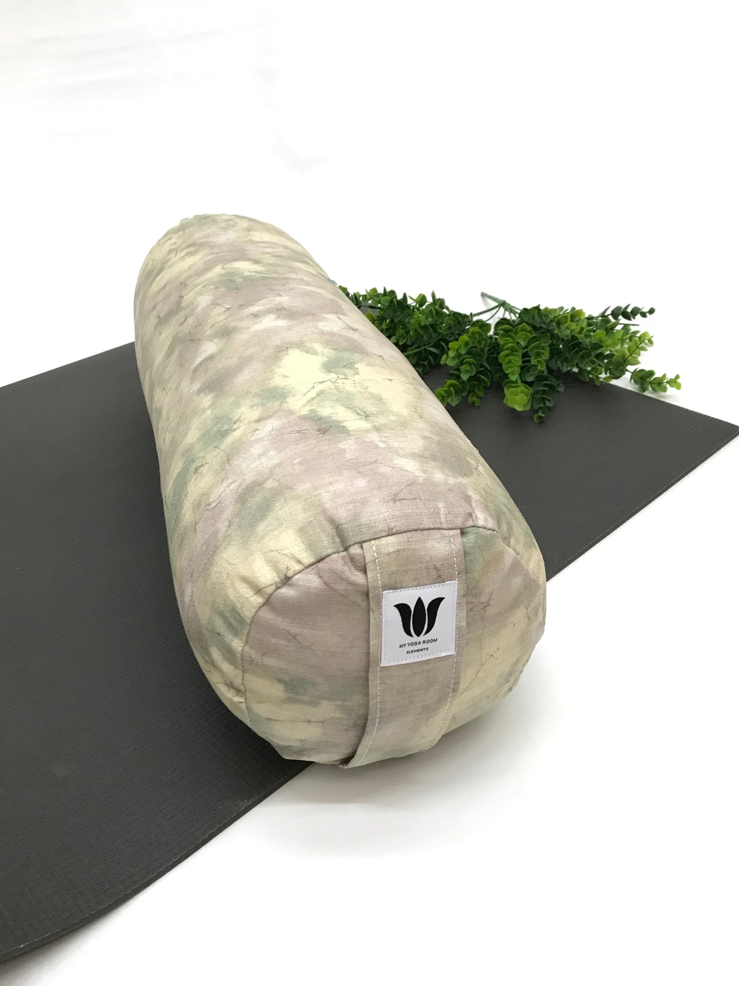 Round yoga bolster in durable poly cotton, in subtle purple marble print fabric. Allergy conscious fill with removeable cover. Made in Canada by My Yoga Room Elements