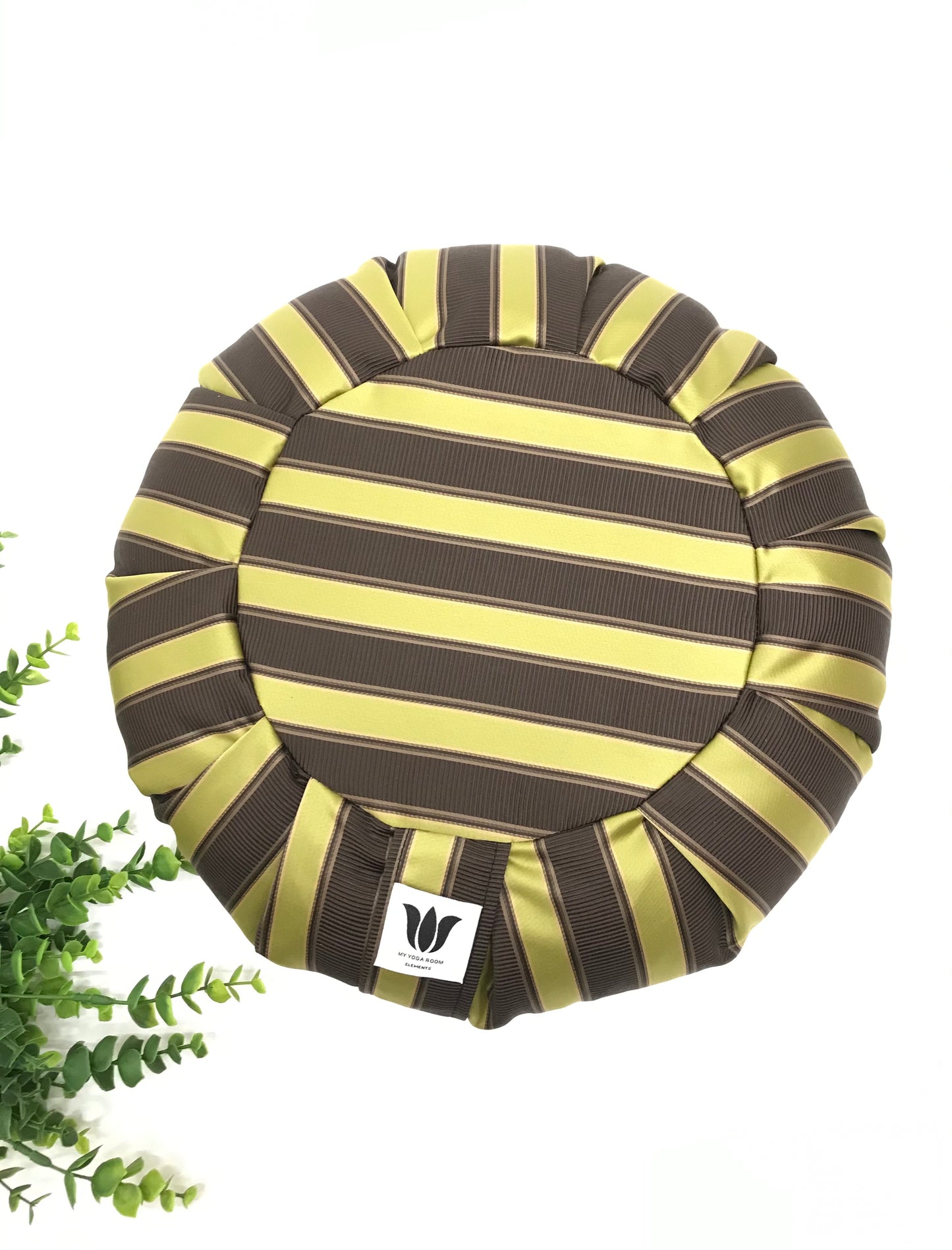 Handcrafted premium sateen home decor fabric meditation seat cushion in purple and gold-green stripe fabric. Align the spine and body in comfort to calm the monkey mind in your meditation practice. Handcrafted in Calgary, Alberta Canada