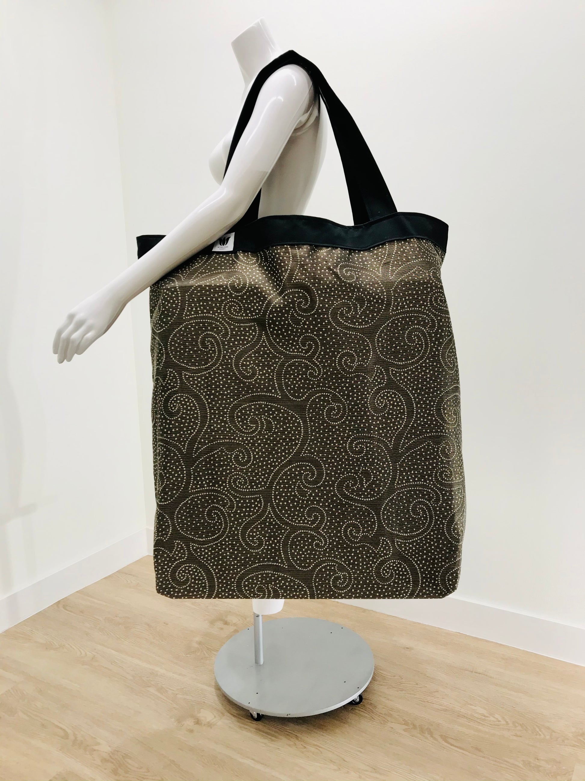 Extra Large Yoga Tote Bag in brown subtle graphic scroll print to carry and or store yoga props for yoga practice. Made in Canada by My Yoga Room Elements