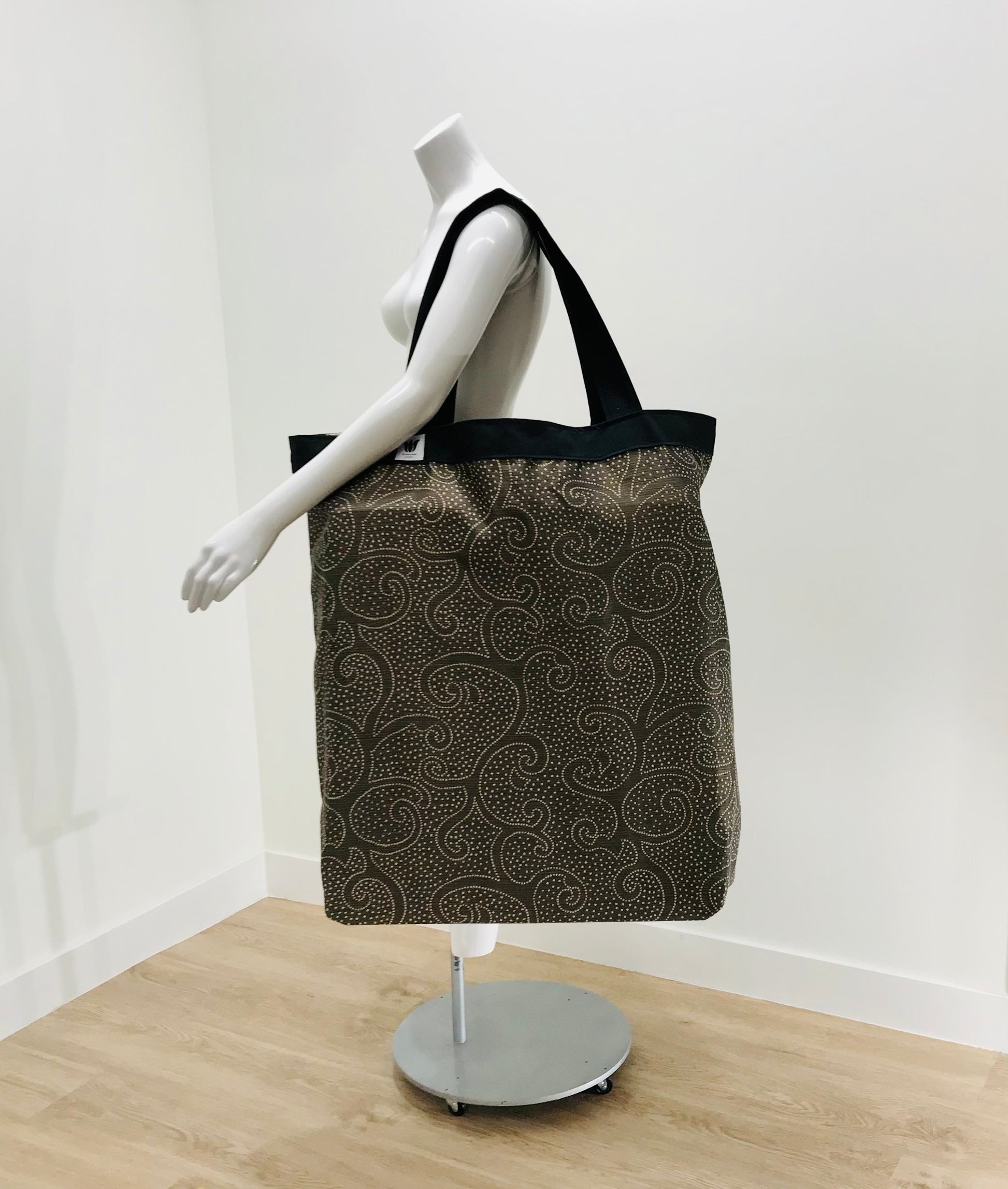 Extra Large Yoga Tote Bag in brown subtle graphic scroll print to carry and or store yoga props for yoga practice. Made in Canada by My Yoga Room Elements