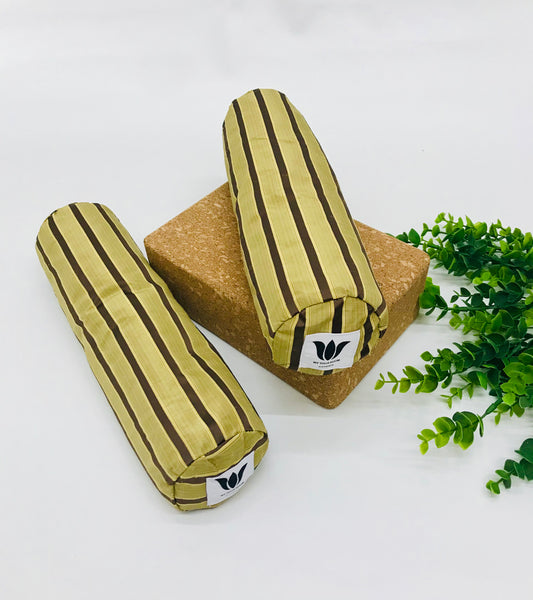 Mini yoga bolster in durable fabric, light brown stripe fabric. Cushion and support the body in the practice of yoga and meditation.Removeable cover. Made in Canada by My Yoga Room Elements