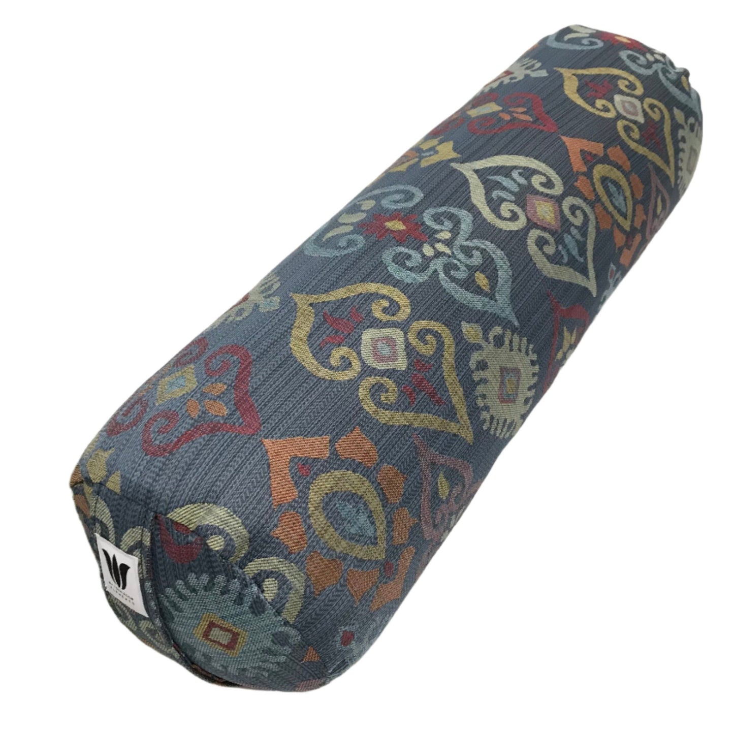 Round yoga bolster in blue and smoky rainbow colour print fabric. Allergy conscious fill with removeable cover. Made in Canada by My Yoga Room Elements