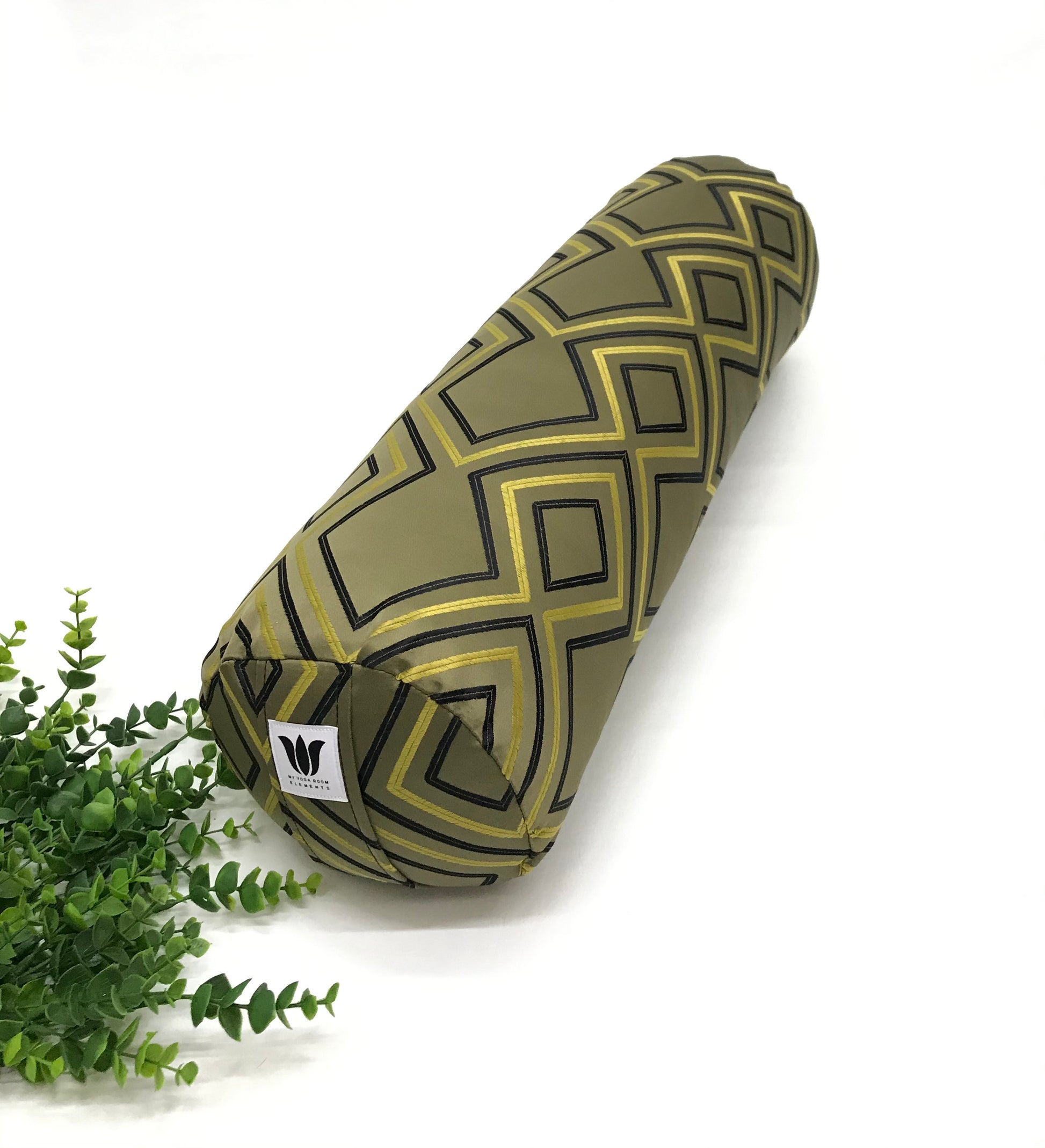 Round yoga bolster in raised embroidered modern diamond print in sage green blue and yellow print fabric. Allergy conscious fill with removeable cover. Made in Canada by My Yoga Room Elements