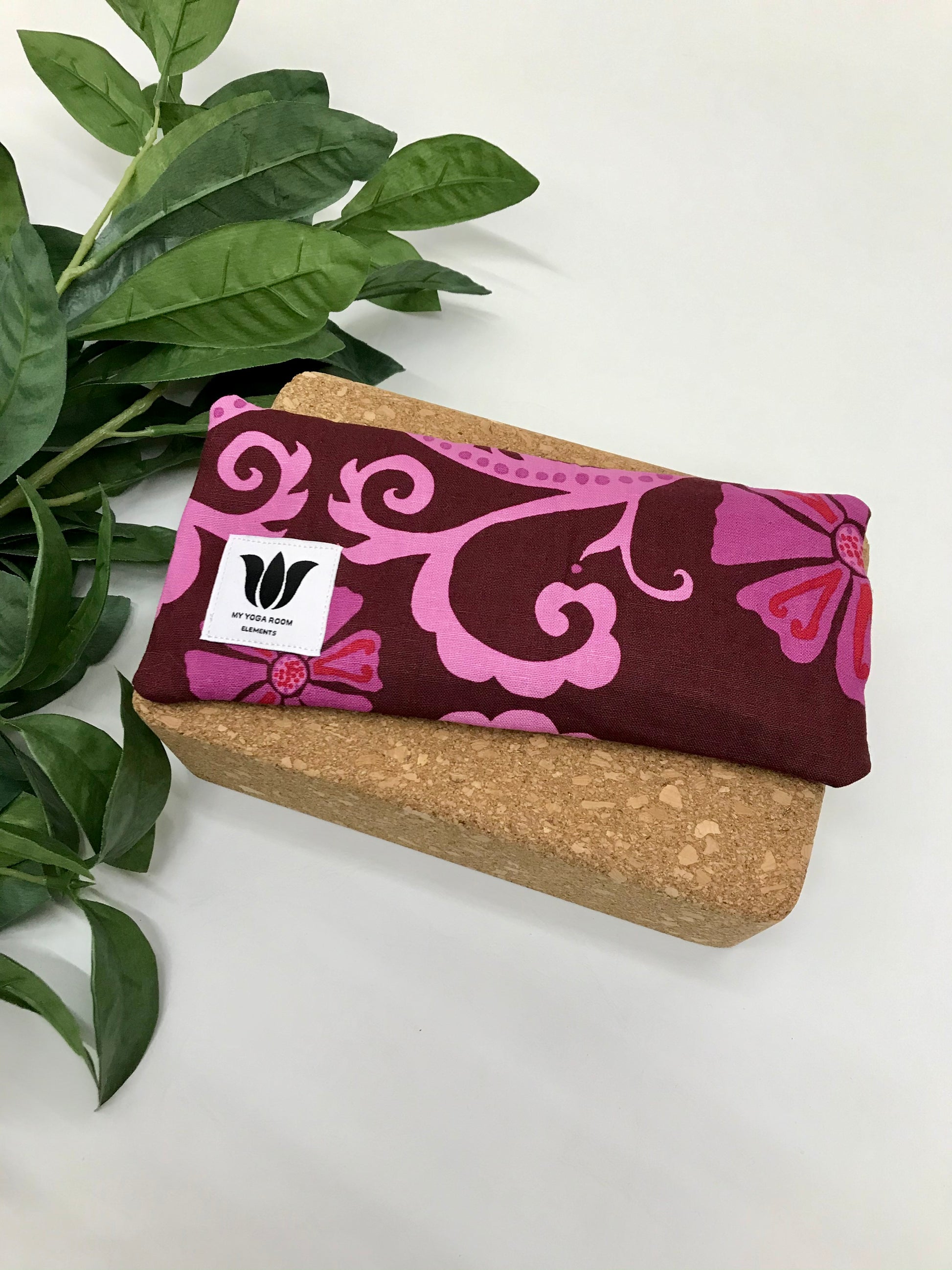 Yoga eye pillow, unscented, therapeutically weighted to soothe eye strain and stress or enhance your savasana. Handcrafted in Canada by My Yoga Room Elements. Pink purple modern floral print and bamboo fabric.