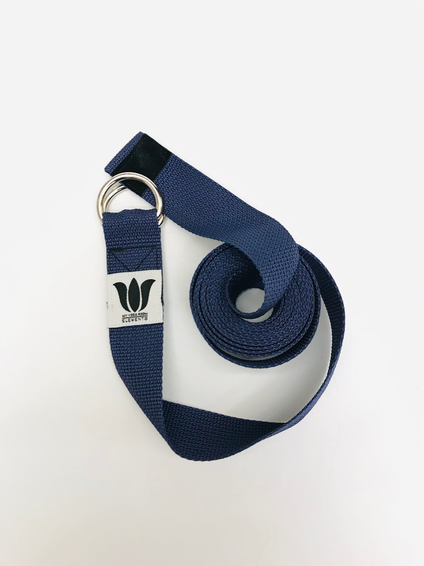Made in Canada, blue webbing yoga strap. Yoga prop for beginners to align the spine and assist in yoga poses.