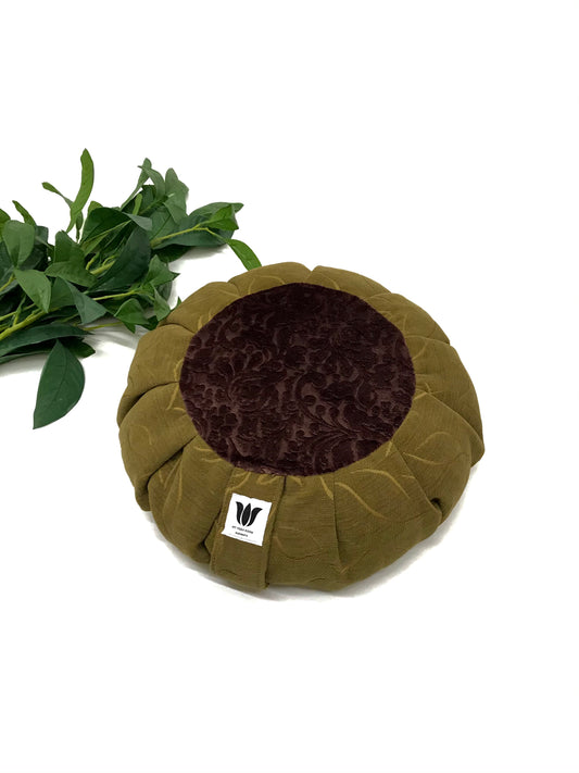 Handcrafted premium embossed plush fabric meditation seat cushion in rich caramel and royal purple fabric. Align the spine and body in comfort to calm the monkey mind in your meditation practice. Handcrafted in Calgary, Alberta Canada