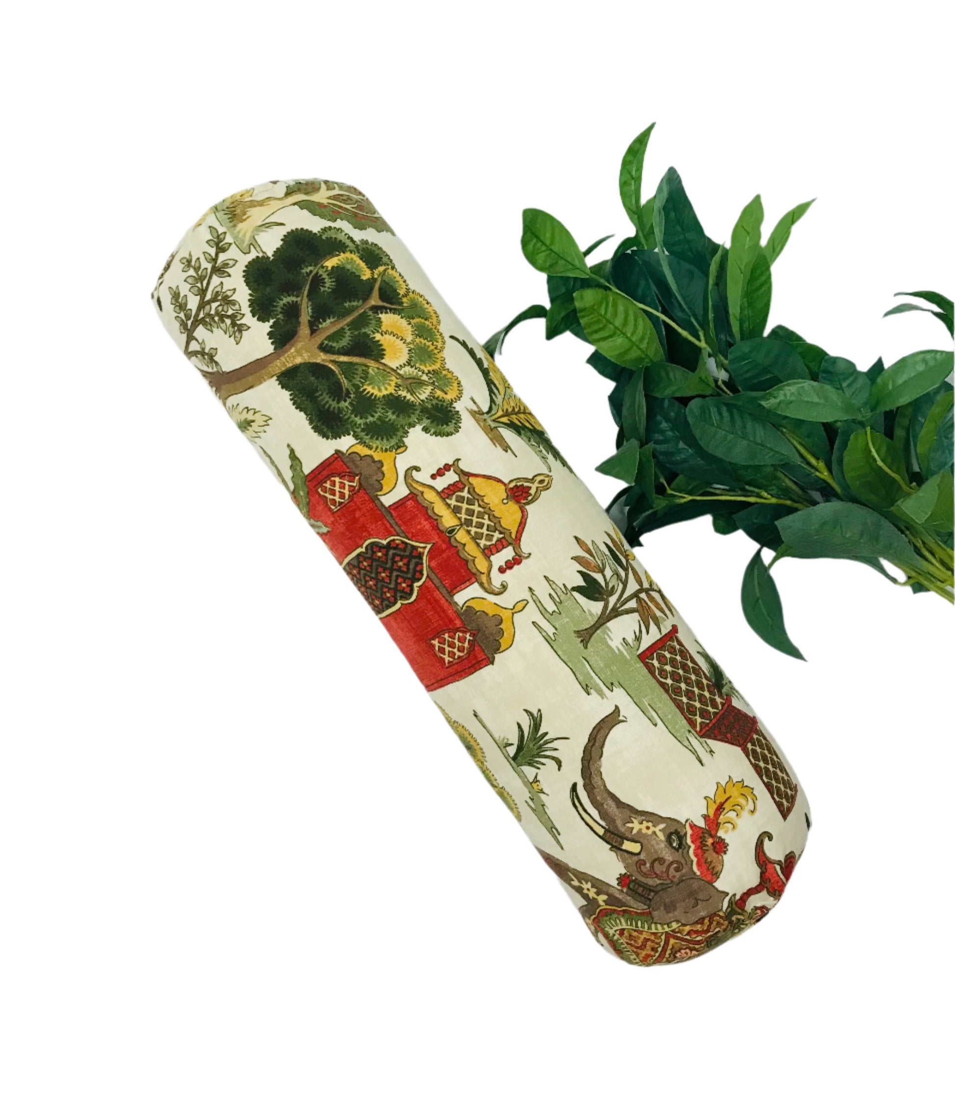 Round yoga bolster in cotton canvas, novelty fabric with India images fabric. Allergy conscious fill with removeable cover. Made in Canada by My Yoga Room Elements